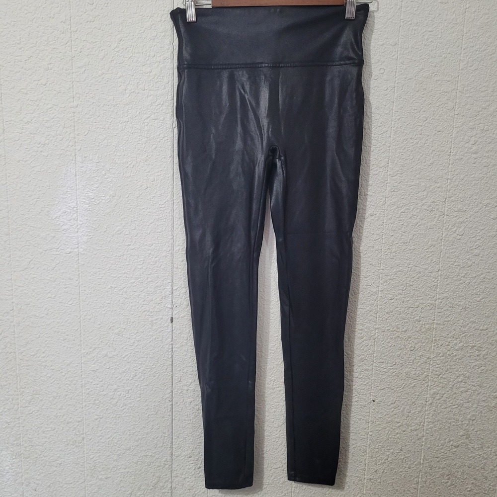 Spanx Faux Leather Black Leggings High Waisted Ankle‎ Length Stretch Pants Lg